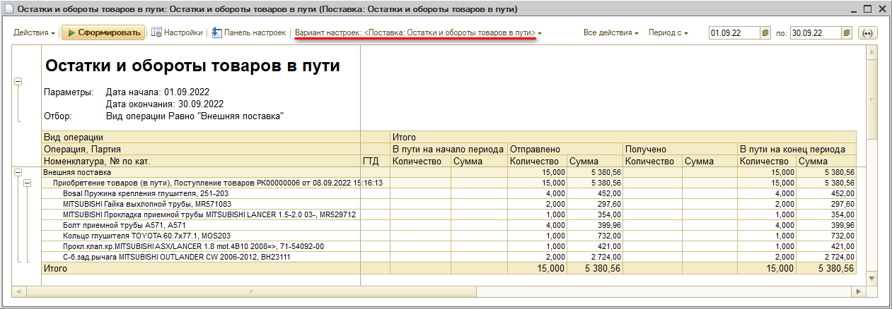 Отчет Поставка Остатки и обороты товаров в пути