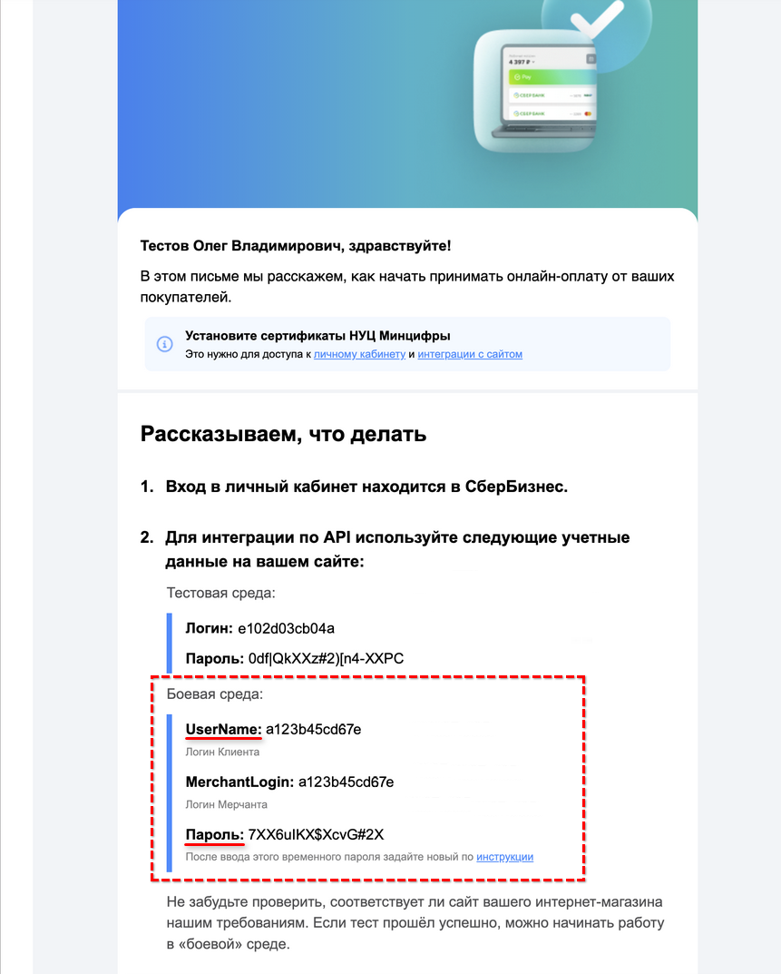 СБП Сбера - Настройки - Параметры