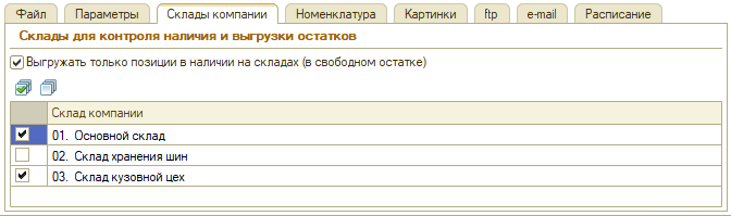 ABCP Выгрузка складских остатков - Вкладка Склады